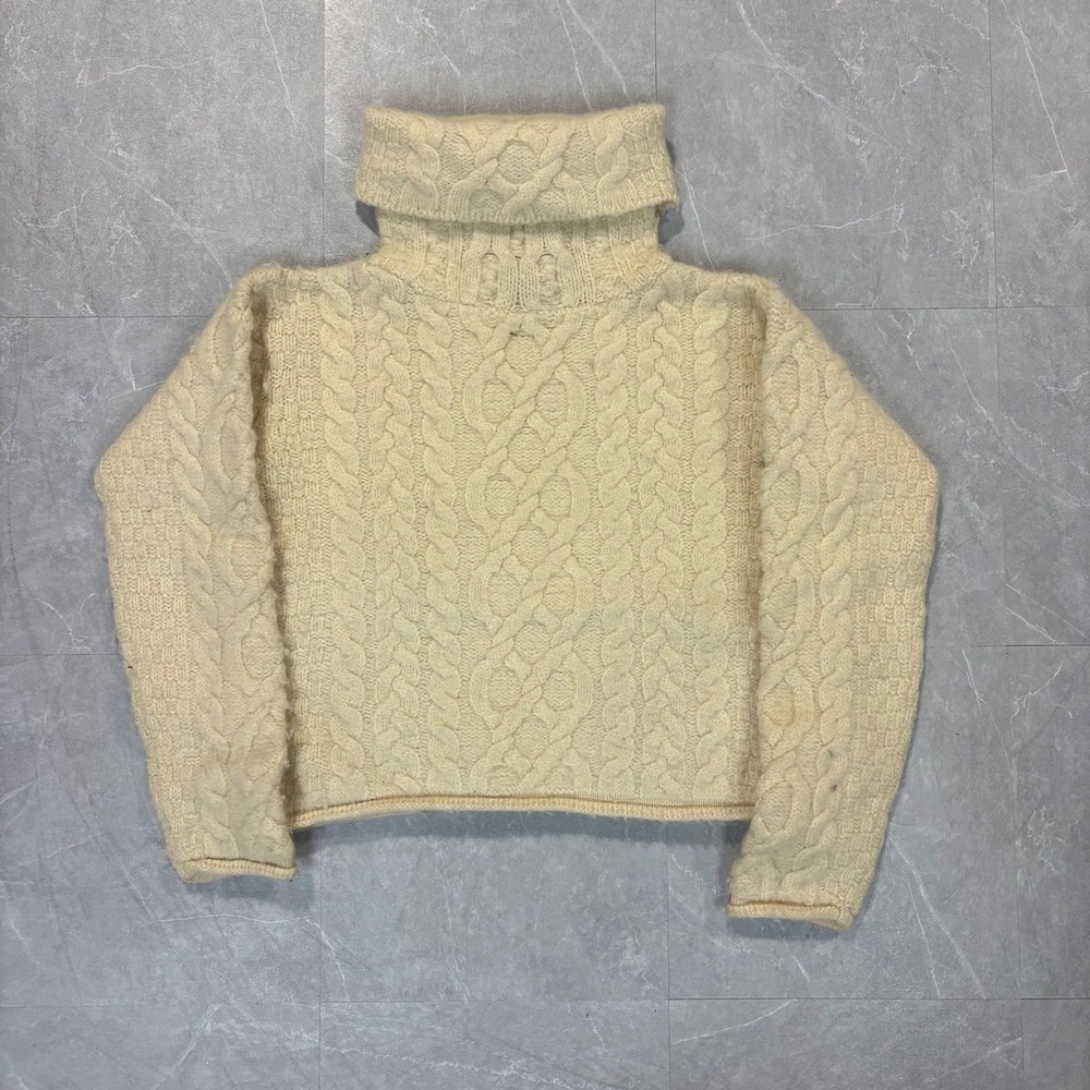 Inis Crafts Merino Wool Cable Knit Turtleneck Sweater Cream Irish Aran Womens L